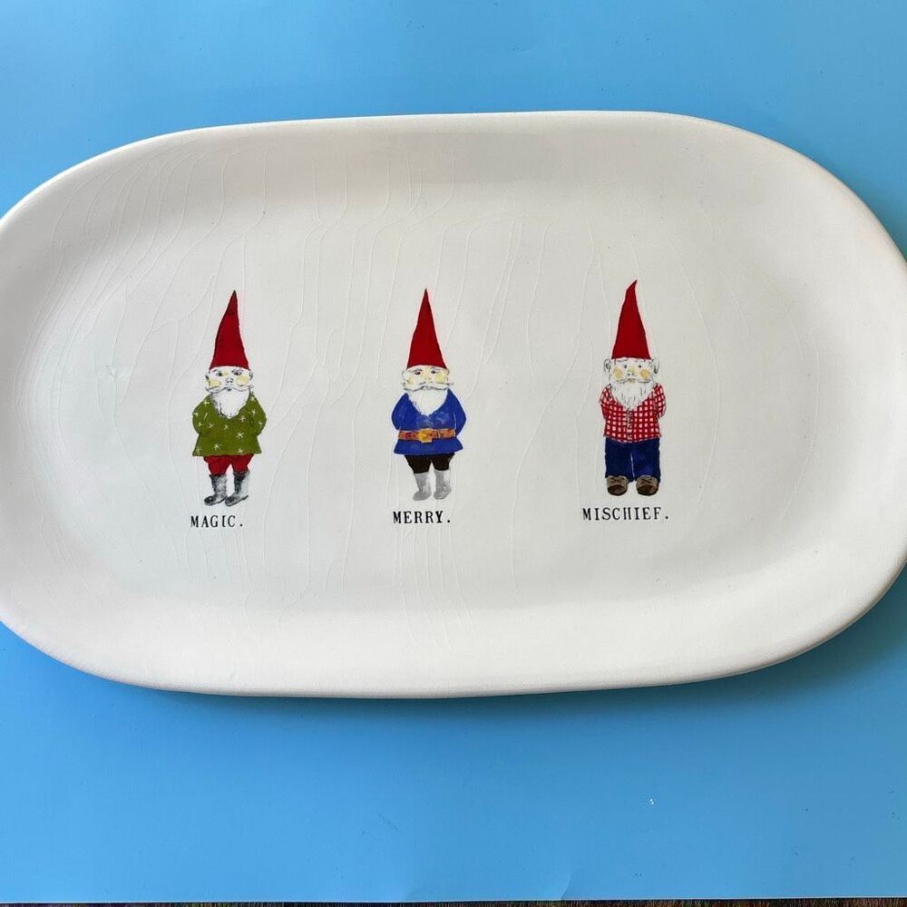 Rae Dunn Christmas platter Magic Merry Mischief 3 elf elves plate tray +2 plates